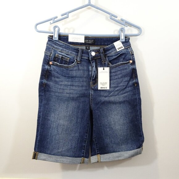 Judy Blue Bermuda Jean Shorts Small Dark Wash Denim Cuffed High Waist NEW - Picture 1 of 7